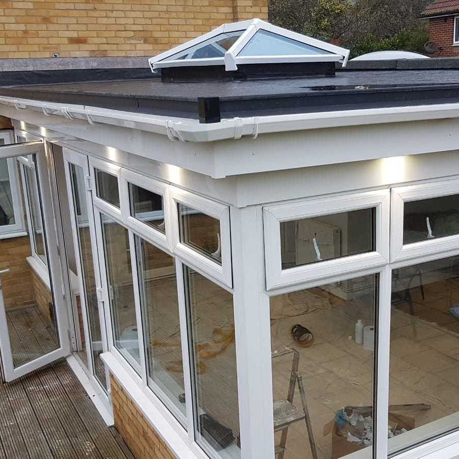 Corner view of a new conservatory
